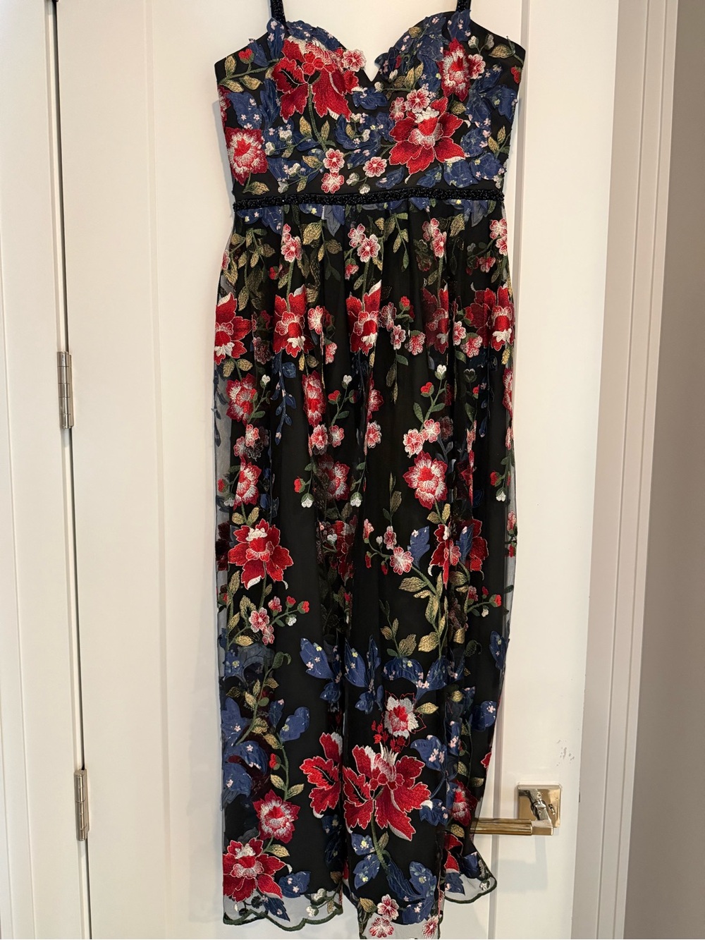 Basix Black Label Floral Embroidered Dress with Red, Blue, Pink Flowers - Size 8